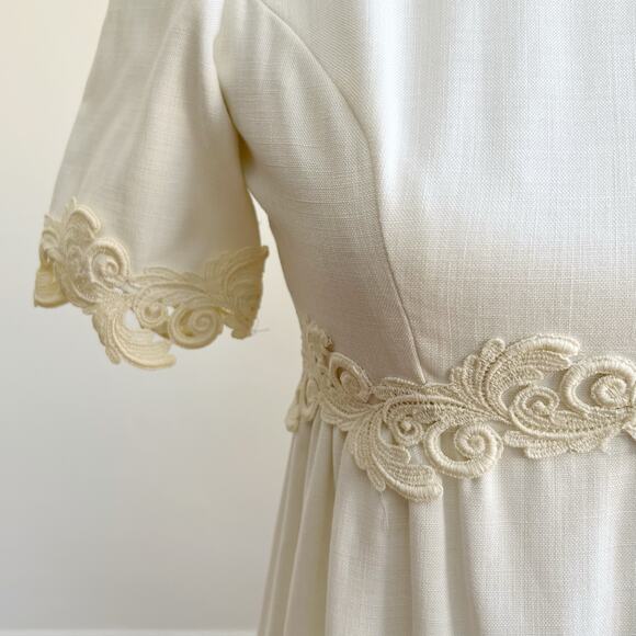 Vintage 60s Linen Wedding Dress Murray Hamburger ILGWU Lace Trim Gown Train 2 - Picture 5 of 16